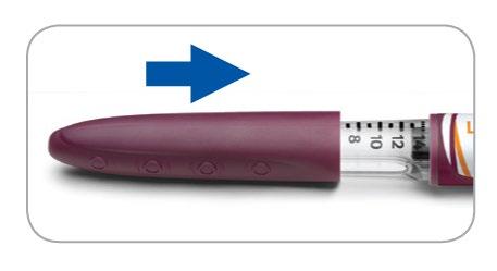 Penna per iniezione precompilata di colore viola con indicatore di dose e freccia blu che indica la direzione di somministrazione