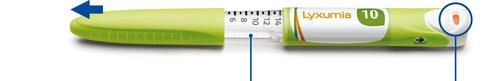 Penna iniettabile Lyxumia 10 verde e bianca con indicatore di dose e pulsante di rilascio evidenziati da frecce blu