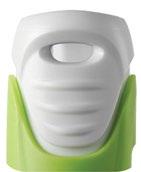 Dispositivo autoiniettante bianco e verde con supporto a forma di U per l