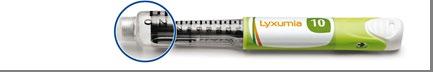 Penna iniettabile Lyxumia 10 con meccanismo di dosaggio a spirale evidenziato da un cerchio blu
