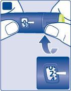 Penna iniettabile blu con ago protetto da cappuccio trasparente e freccia direzionale verso l