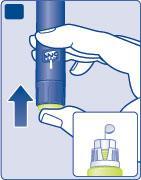 Penna iniettabile blu tenuta in mano con freccia direzionale verso l