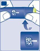 Penna iniettabile blu con indicatore 0 e freccia verso cartuccia di ricambio con numero 52