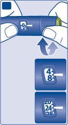 Penna iniettabile blu con numeri indicanti il dosaggio e frecce che mostrano la regolazione e il pulsante di rilascio inferiore