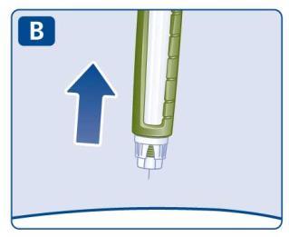 Penna iniettabile verde con ago esposto e freccia blu che indica la direzione di inserimento