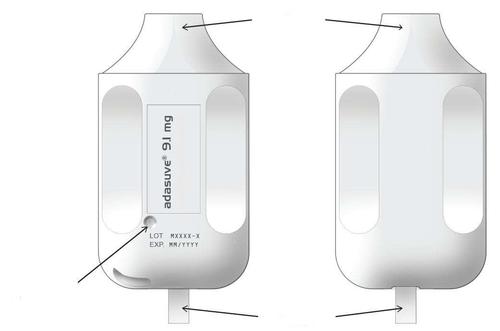 Dispositivo inalatorio bianco con indicatore di dose e frecce che ne mostrano l
