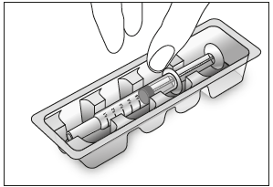 Siringa pre-riempita in confezione trasparente con stantuffo grigio e scala graduata visibile