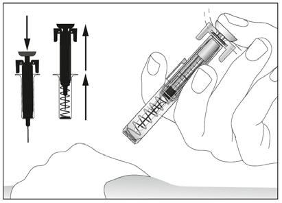 Siringa pre-riempita con stantuffo a molla e ago di sicurezza visibile, con frecce che indicano direzione di iniezione e retrazione