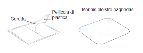 Cerotto adesivo con pellicola di plastica trasparente rimovibile e riquadro centrale bianco, accanto a un riquadro bianco simile