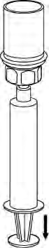 Fiala di vetro con stantuffo e tappo superiore, freccia nera indica la direzione di pressione verso il basso