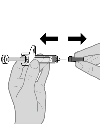Siringa pre-riempita con ago protetto da cappuccio nero e mani che indicano la direzione di rimozione del cappuccio protettivo