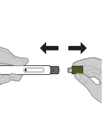 Due mani che assemblano un dispositivo medico bianco e verde con frecce direzionali ai lati