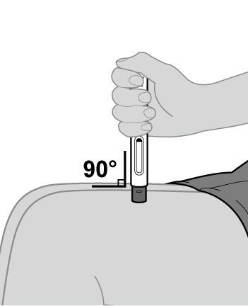 Mano che tiene una siringa preriempita, ago inserito perpendicolarmente nella pelle, angolo di 90 gradi indicato in basso a sinistra