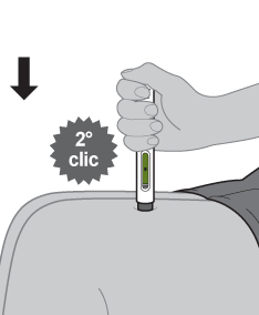 Mano che tiene un dispositivo iniettore con indicatore di dosaggio su pelle umana con freccia nera e scritta
