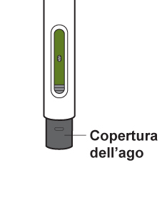 Penna iniettabile bianca con indicatore verde e pulsante grigio, coperture protettive e scritta "Copertura dell