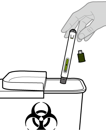 Penna per iniezione con ago protettivo sopra contenitore per rifiuti speciali con simbolo biohazard e tappo di protezione separato