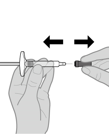 Mano che tiene un dispositivo per iniezione con ago esposto e cappuccio protettivo rimosso frecce indicano direzione