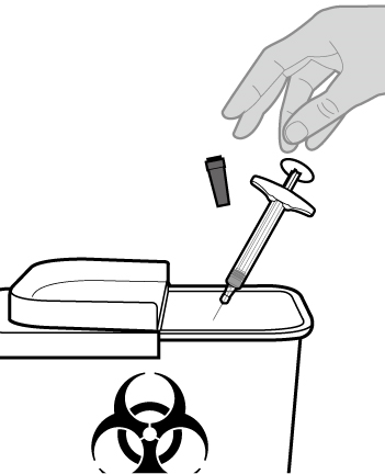 Siringa con ago sopra un contenitore per rifiuti speciali con simbolo biohazard, mano che tiene il tappo nero della siringa