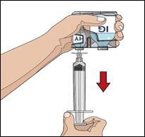 Mano che tiene un dispositivo autoiniettante con cartuccia e siringa collegata freccia rossa indica la direzione di pressione