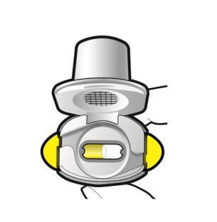 Inalatore nasale con due ali gialle laterali e sezione interna che mostra il meccanismo di erogazione