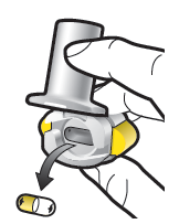 Mano che ruota un dispositivo iniettore penna con capsula gialla in uscita e freccia che indica la direzione