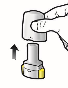 Dispositivo medico con parte superiore bianca e inferiore gialla collegati da una mano che preme verso il basso