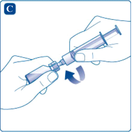 Due mani che assemblano una siringa pre-riempita con un ago, freccia blu indica rotazione per il collegamento