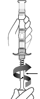 Siringa pre-riempita con ago protetto da cappuccio, freccia curva indica rotazione per rimuovere il cappuccio protettivo