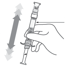 Mano che tiene un autoiniettore con freccia direzionale e indicazioni grafiche sul meccanismo di attivazione e rilascio del farmaco