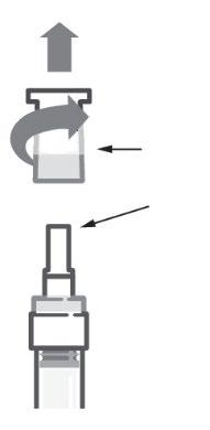 Fiala con stantuffo e ago, freccia che indica la rotazione del tappo e l