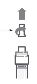 Fiala con stantuffo e protezione superiore, freccia curva indica rotazione e freccia verticale indica spinta