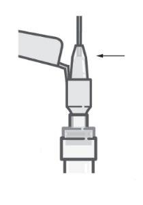 Adattatore grigio con connettore bianco e freccia nera che indica la direzione di inserimento