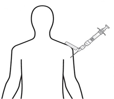 Schema di iniezione sottocutanea su figura umana stilizzata con ago inserito nella parte superiore del braccio