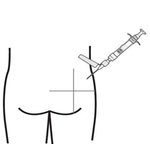 Siringa con ago che inietta il farmaco nel gluteo di un paziente indicato da linee schematiche