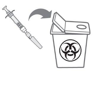 Siringa precompilata accanto a un contenitore per rifiuti speciali con simbolo di rischio biologico e freccia direzionale