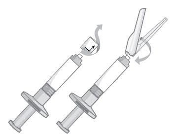 Due siringhe pre-riempite collegate con un adattatore, frecce indicano la direzione di connessione e disconnessione