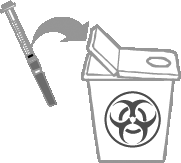 Siringa usata con ago rivolta verso un contenitore per rifiuti pericolosi con simbolo di biohazard nero