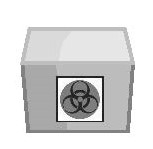 Contenitore grigio quadrato con simbolo di rischio biologico nero su sfondo bianco in posizione centrale anteriore