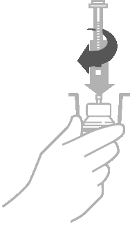 Mano che tiene un adattatore per ago su una fiala, freccia nera indica rotazione per fissaggio