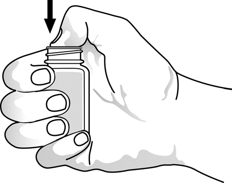 Mano che stringe un flacone di vetro con tappo a vite e freccia nera che indica la pressione per l