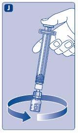 Siringa pre-riempita con ago trasparente che ruota su fiala blu, freccia curva indica movimento rotatorio per miscelare il contenuto