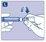Mano che collega una siringa pre-riempita a un ago con un movimento rotatorio indicato da una freccia blu curva