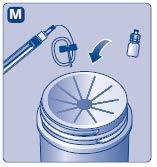 Fiala di vetro, siringa preriempita e dispositivo di sicurezza con freccia che indica la direzione di inserimento nel tappo di una cartuccia