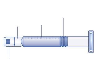 Siringa trasparente con stantuffo grigio e ago sottile, indicazioni numeriche sulla scala graduata e dettagli strutturali visibili