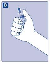 Mano che tiene un flaconcino medicinale con il tappo parzialmente rimosso da una freccia blu indicata verso l