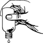 Mano che stringe un flaconcino con goccia che cade, illustrazione schematica per istruzioni mediche