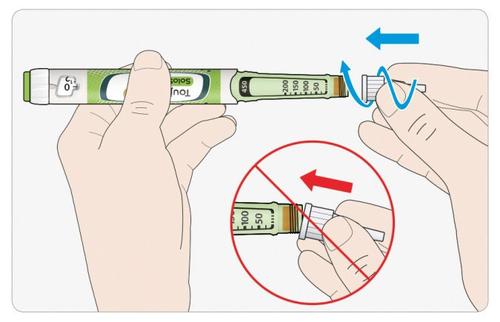 Penna per insulina Toujeo con ago avvitato e frecce che indicano il corretto e scorretto metodo di applicazione