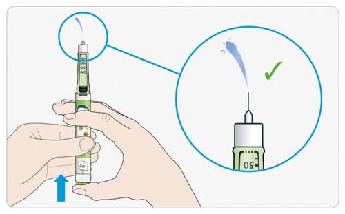 Penna iniettabile tenuta in mano con ago inserito nella pelle e ingrandimento del flusso del farmaco con spunta verde