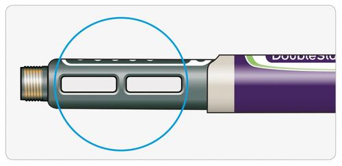 Penna iniettabile con sezione evidenziata da cerchio blu, dettaglio dell