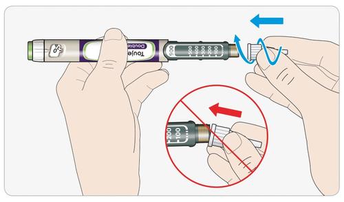 Penna per insulina Toujeo con ago avvitato e freccia blu che indica la rotazione per il montaggio e ingrandimento del meccanismo